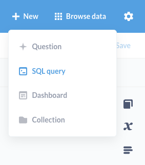질문, SQL 쿼리, 대시보드를 생성하는 옵션이 표시된 Metabase New 메뉴