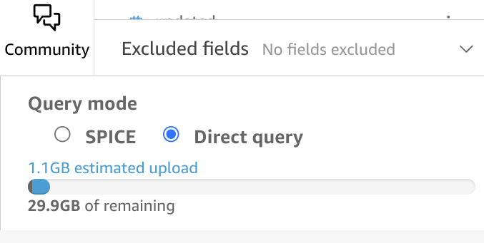 왼쪽 하단 모서리에 Direct Query 모드 옵션이 강조 표시된 QuickSight 인터페이스