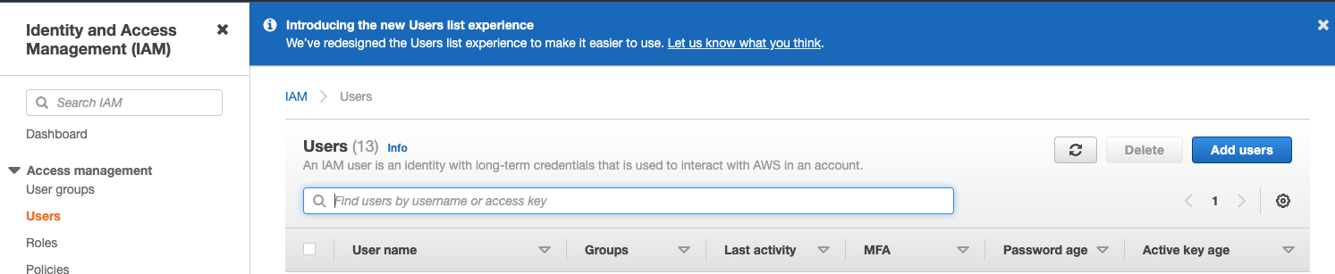 AWS IAM 관리 콘솔 - 새 사용자 추가
