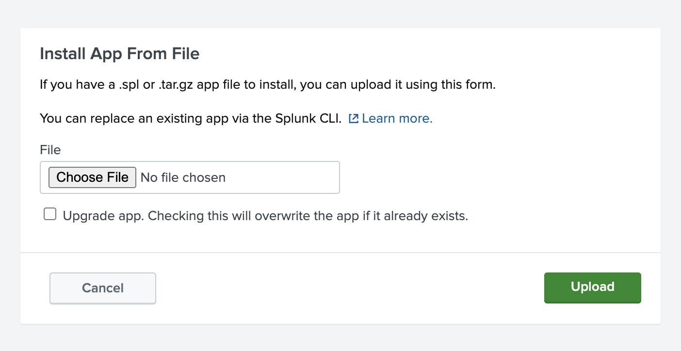 ClickHouse Add-on을 업로드하기 위한 Splunk 앱 설치 대화 상자